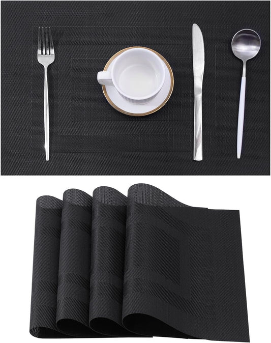 Leetaltree Black Frame Placemats Set of 4 - Heat Resistant Non-Slip Place mats for Dining Table, Washable Durable PVC Vinyl Woven Table Mats（Black Frame, 4）