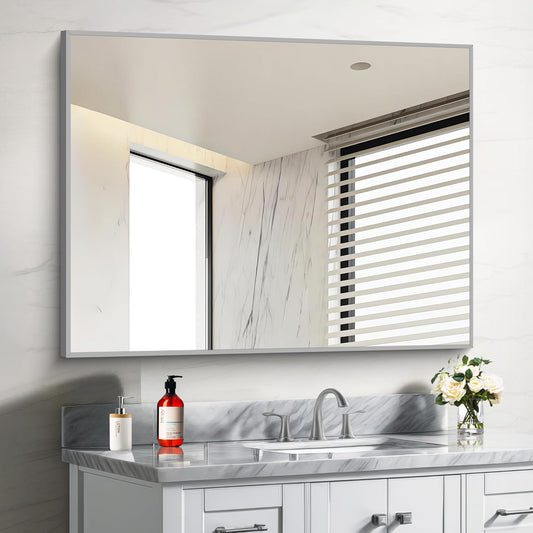 30x40In Silver Bathroom Mirror for Wall, Brushed Nickel Rectangle Mirrors with Metal Frame, Bathroom Rectangular Mirror Modern Wall Mirror for Bedroom Living Room, Hangs Horizontal or Vertical