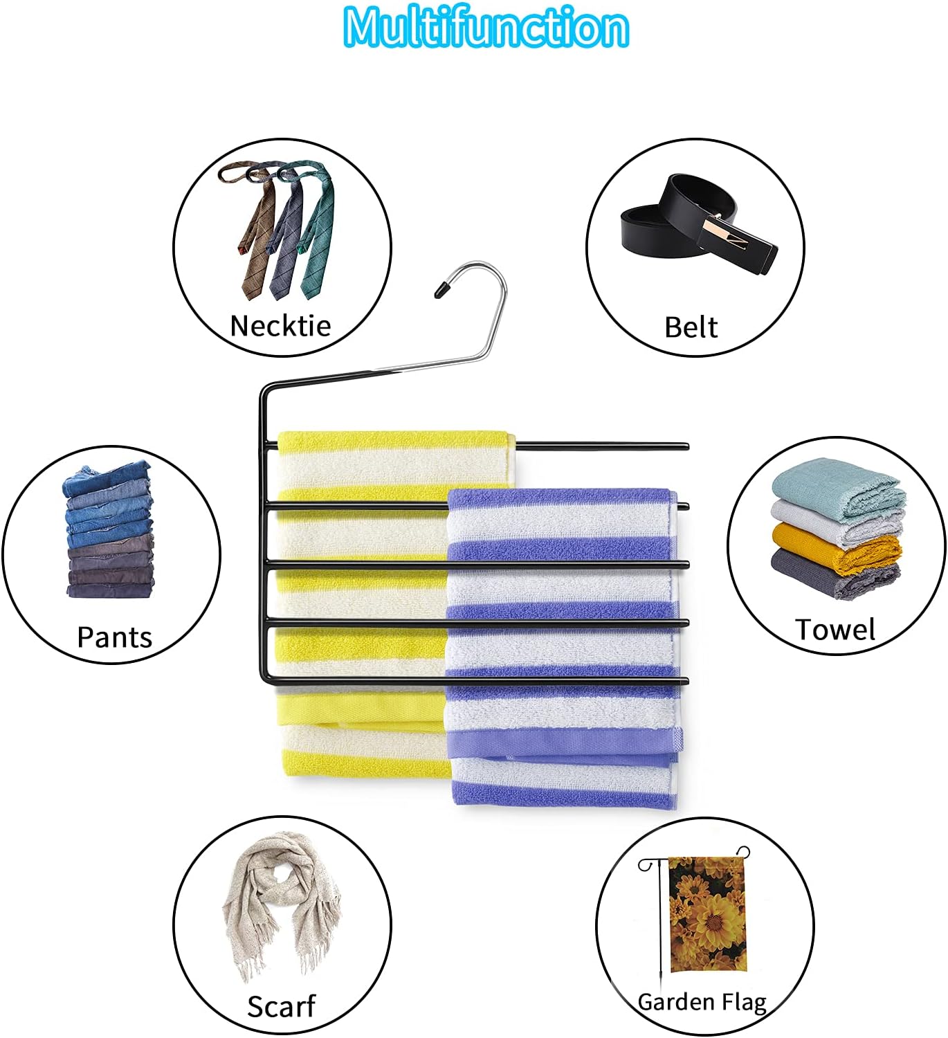 Nature Smile Pants Hangers 3pack, Heavy Duty Multi Layers Space Saving Slack Hangers,Non Slip 5 Tier Open-Ended Pants Hanger Closet Storage Organizer for Garden Flags Trousers Jeans Scarf