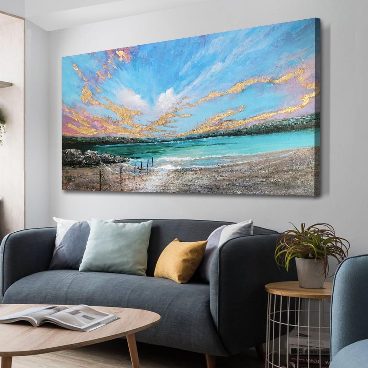 Arjun Ocean Teal Wall Art Canvas Coastal Beach Painting Blue Turquoise Landscape Sunset Picture, Panoramic Gold Foil Textured Large Artwork Framed for Living Room Bedroom Bathroom Wall Decor 48"x24"