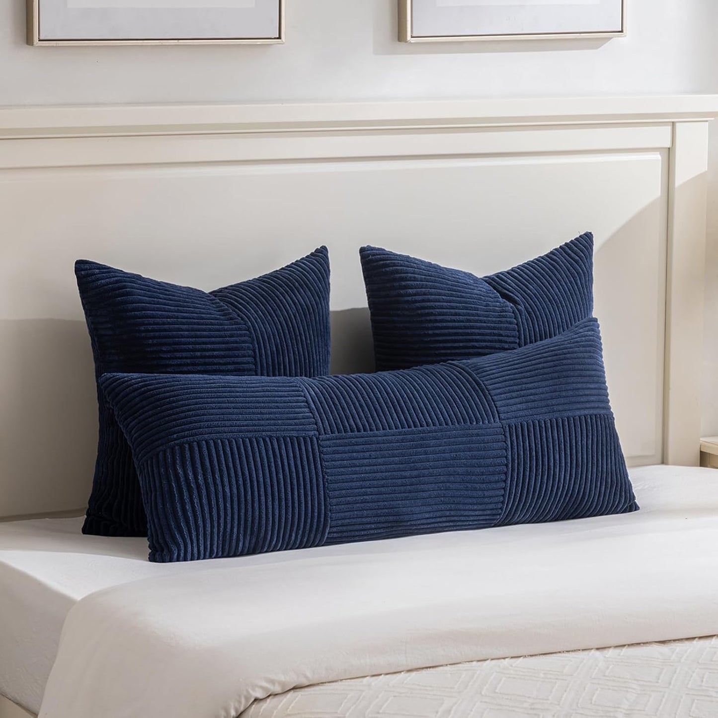 Fancy Homi 2 Packs Navy Blue Decorative Throw Pillow Covers 22x22 Inch for Living Room Couch Bed Sofa, Rustic Farmhouse Boho Home Decor, Soft Corss Corduroy Patchwork Accent Cushion Case 55x55 cm