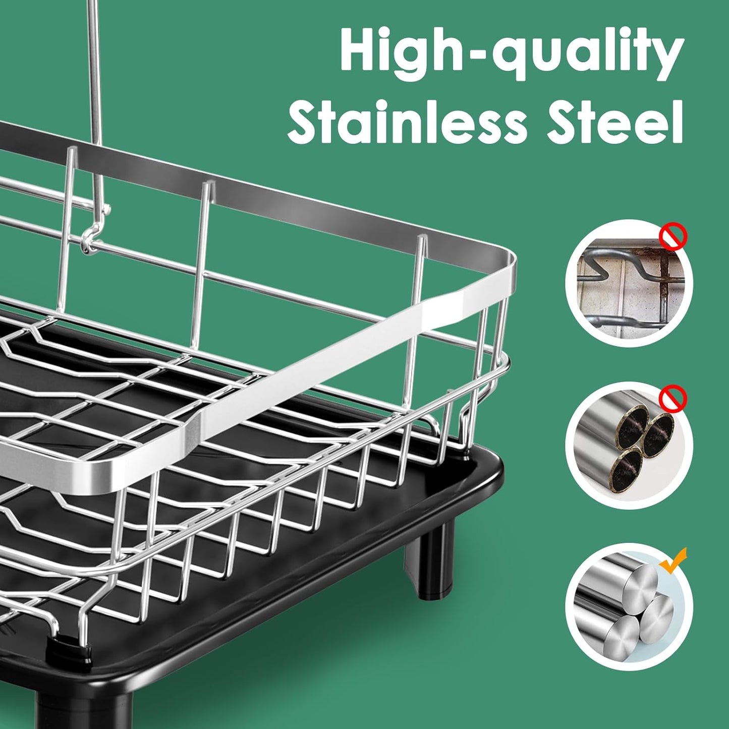 MOUKABAL Dish Drying Rack - 2 Tier Stainless Steel Dish Rack, Dish Racks for Kitchen Counter, Drying Rack Kitchen with Removable Utensil Holder and Drainboard (Black)