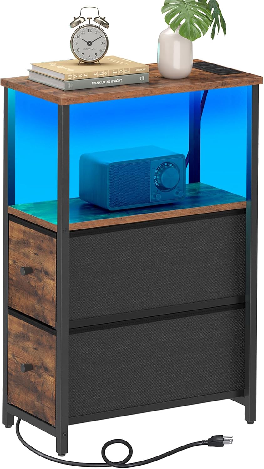 TUTOTAK Small Narrow LED End Table with Charging Station, Side Table Outlets, Nightstand with 2 Cloth Drawers, Couch Table, for Living Room, Bedroom, Bedside, Brown TB01BB085L