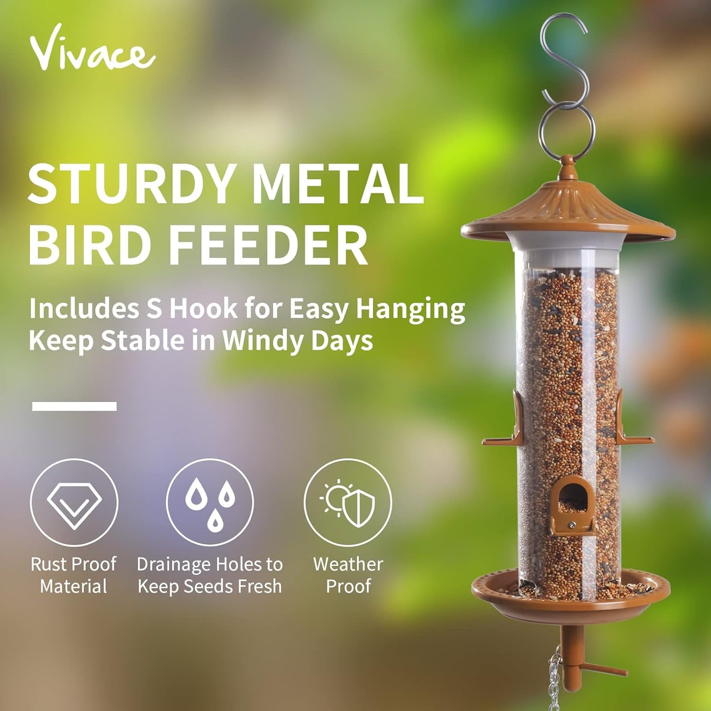 Vivace Hanging Bird Feeders, Easy to Fill 12" Tube Metal Bird Feeder for Outdoors, 4 Ports, with S Hook