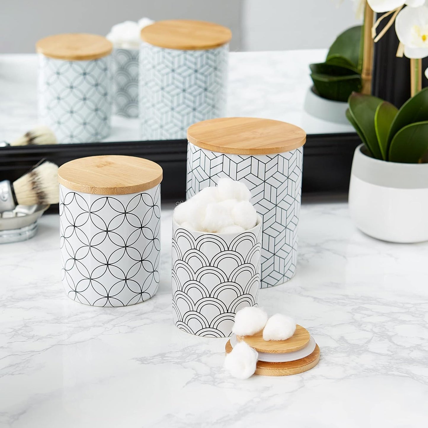 DII Kitchen Ceramics Collection, Canister Set, Mixed Print, White/Black, 3 Piece