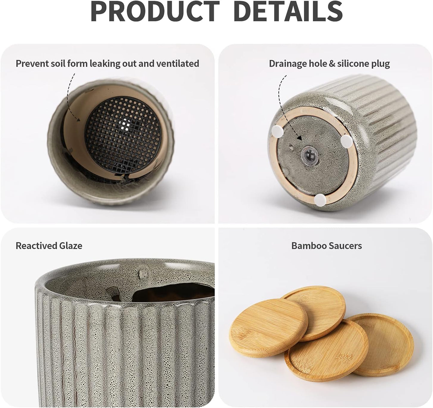 TAMAYKIM 4 Inch Cylinder Ceramic Plant Pots with Drainage Holes & Saucers, Glazed Green Grey Small Boho Planters with Trays for Indoor Flower, Snake Plants, Succulent, Cactus, Set of 4