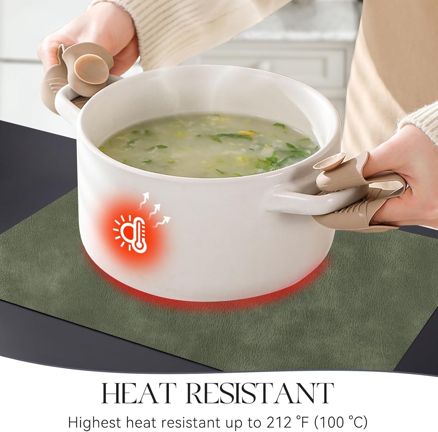 MOSAYT Vinyl Placemats Set of 8-12 X 17 Inch - Faux Leather 100% Waterproof Oil-Proof Wipeable PU Place Mats, Heat Resistant Reversible Table Mats for Kitchen, Dining, Outdoor (Olive Green)