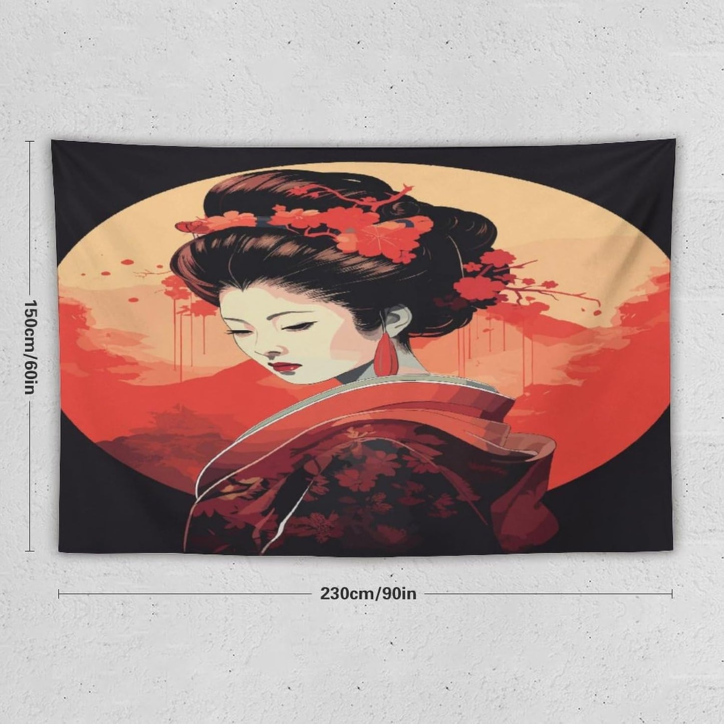 Japanese Woman Geisha Tapestry Asian Cherry Blossom Red Sun Traditional Kimono Folk Tapestries Home Decor for Living Room Bedroom Apartment Farmhouse Dorm 90"x60"