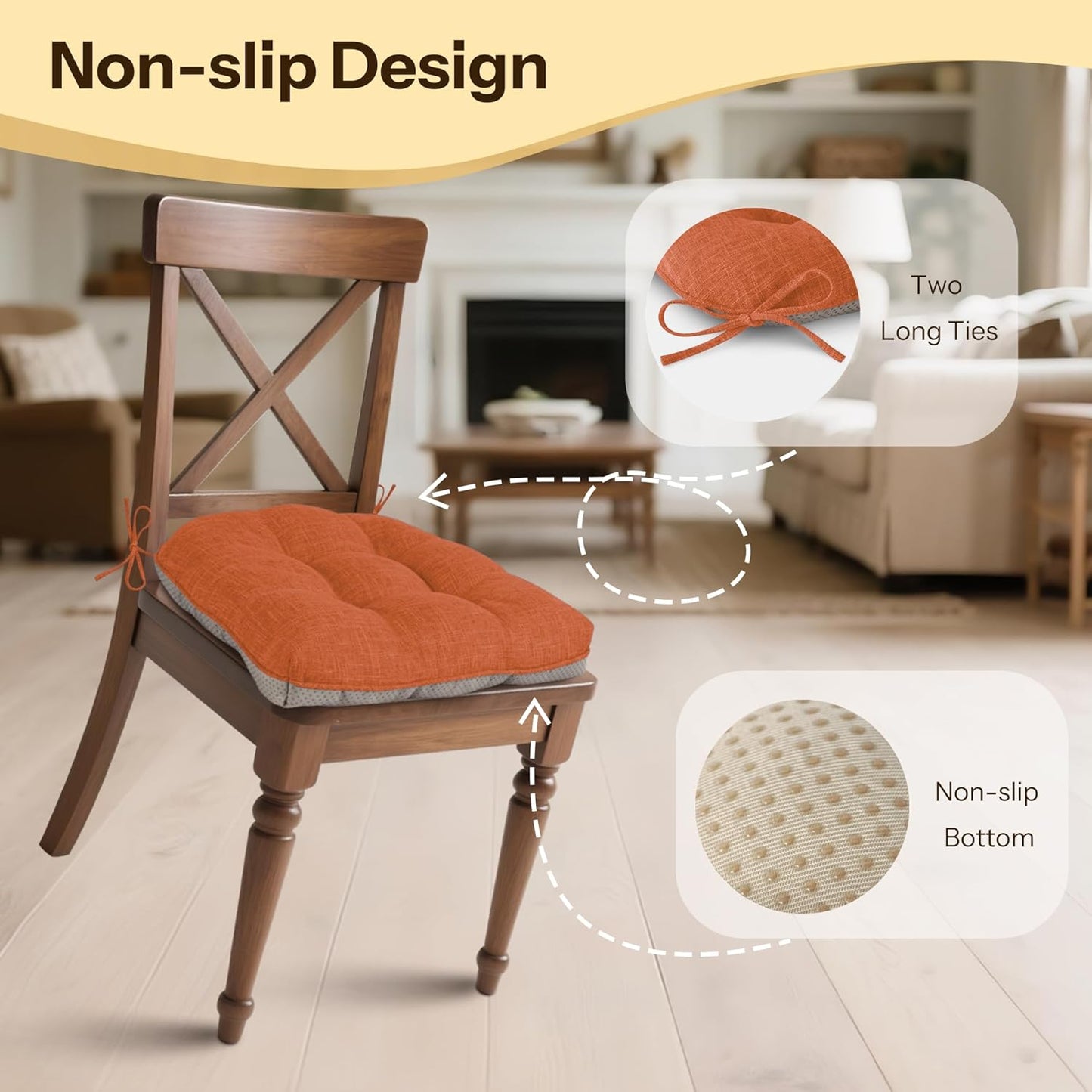 Non Slip Chair Cushions for Dining Chairs Set of 4 Kitchen Chair Cushions 18"x18"x3" Turfted Chair Pads Comfortable and Soft Seat Cushion with Ties, Orange
