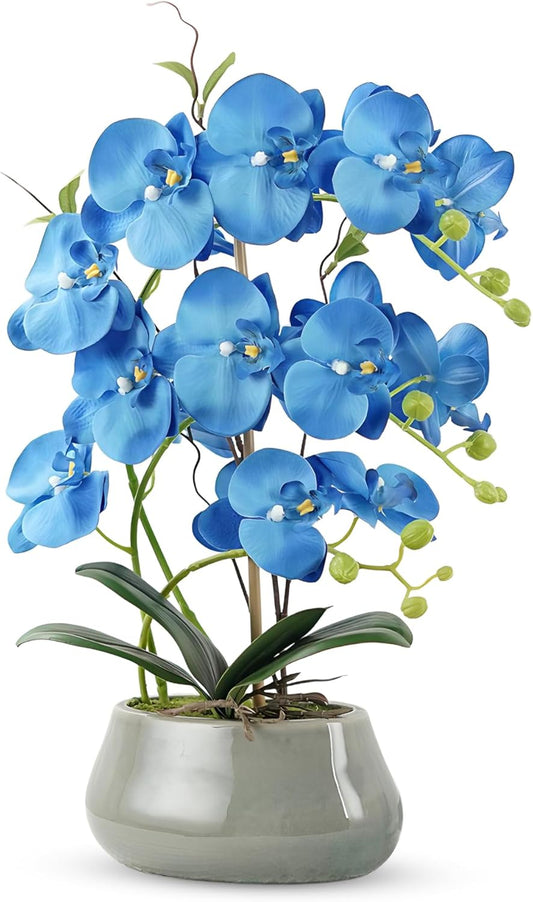 Orchid Artificial Flowers with Gray Vase Large Silk Faux Phalaenopsis Flowers for Dining Room Table Floral Centerpieces Indoor Decoration,Blue