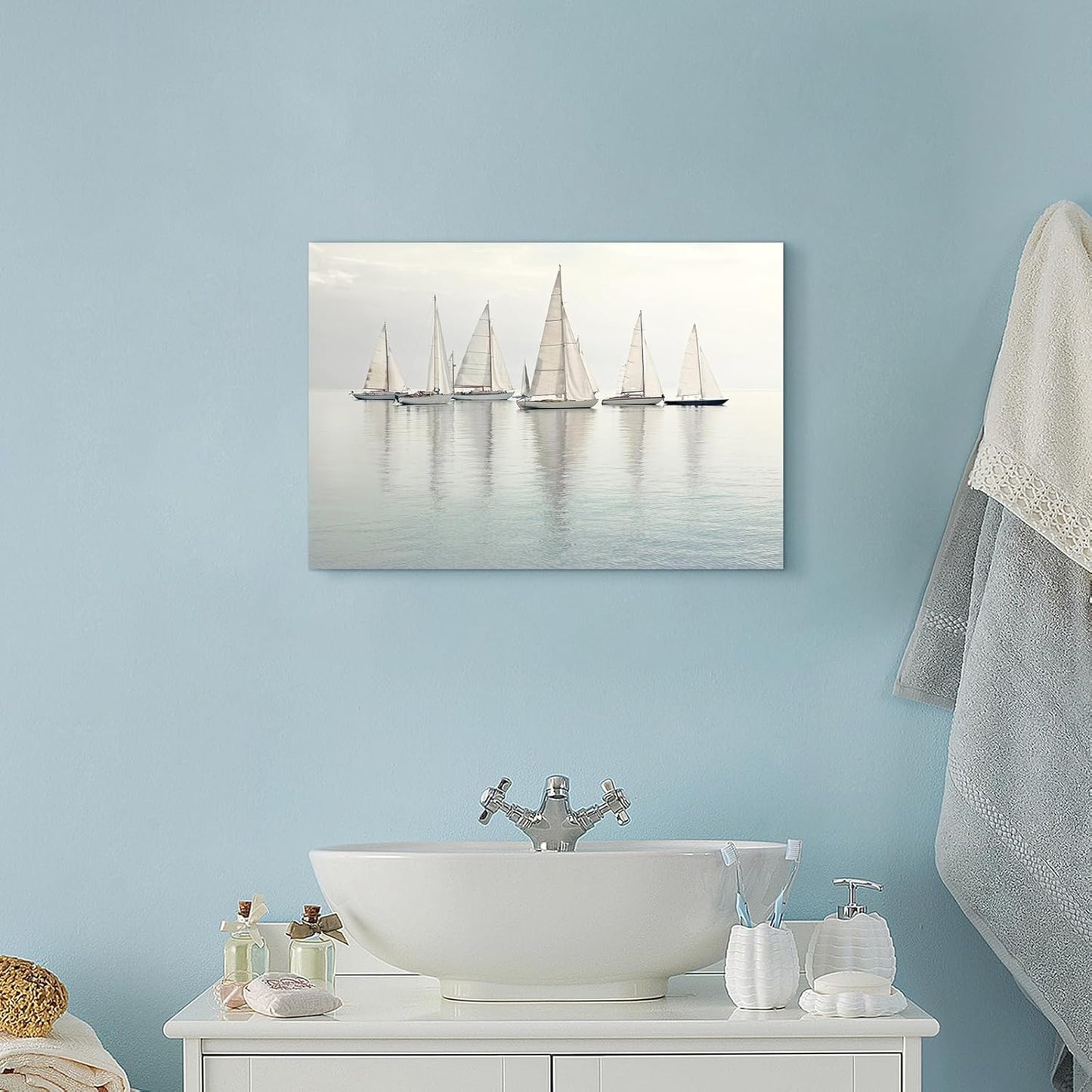 Nautical Sailing Picture Wall Art - Coastal Sailboat Canvas Ocean Ship Prints Sea Level Boat Painting Artwork for Bathroom
