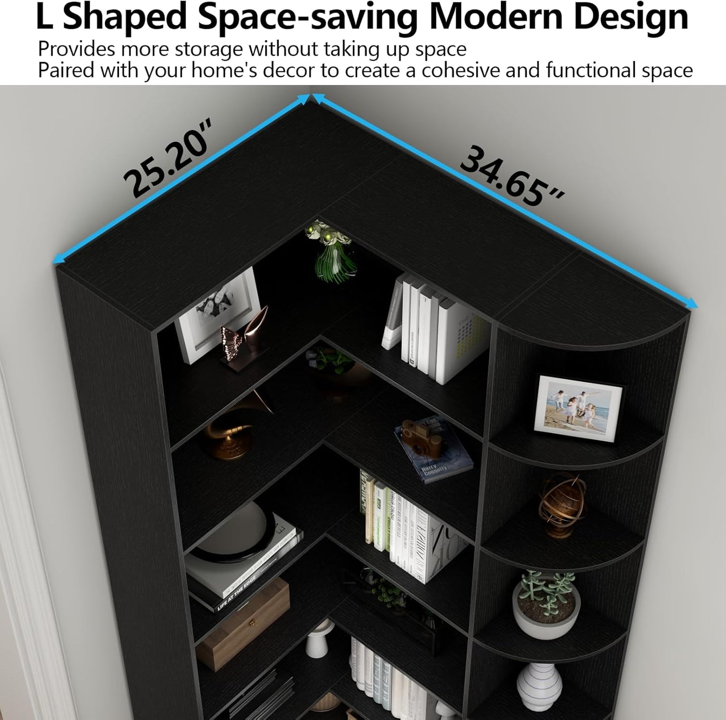 Loomie Black Book Shelf, 6 Tiers Shelf Large Tall Corner Etagere Bookcase with Full Baffle, L-Shaped Modern Storage Display Industrial Bookshelves for Bedroom, Home Office, Living Room & Kitchen,Black