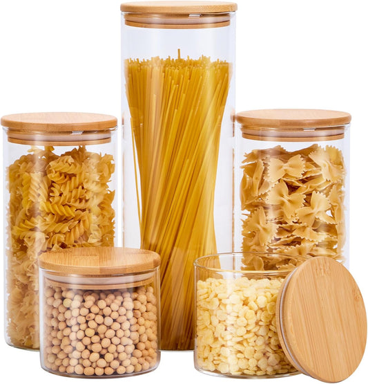 Glass Food Storage Jars with Lids[Set of 5], Perfect for Pasta, Cookies, Nuts, Coffee, Cereal, Flour, and More, Organize Your Kitchen and Pantry with these BPA-Free Glass Canisters