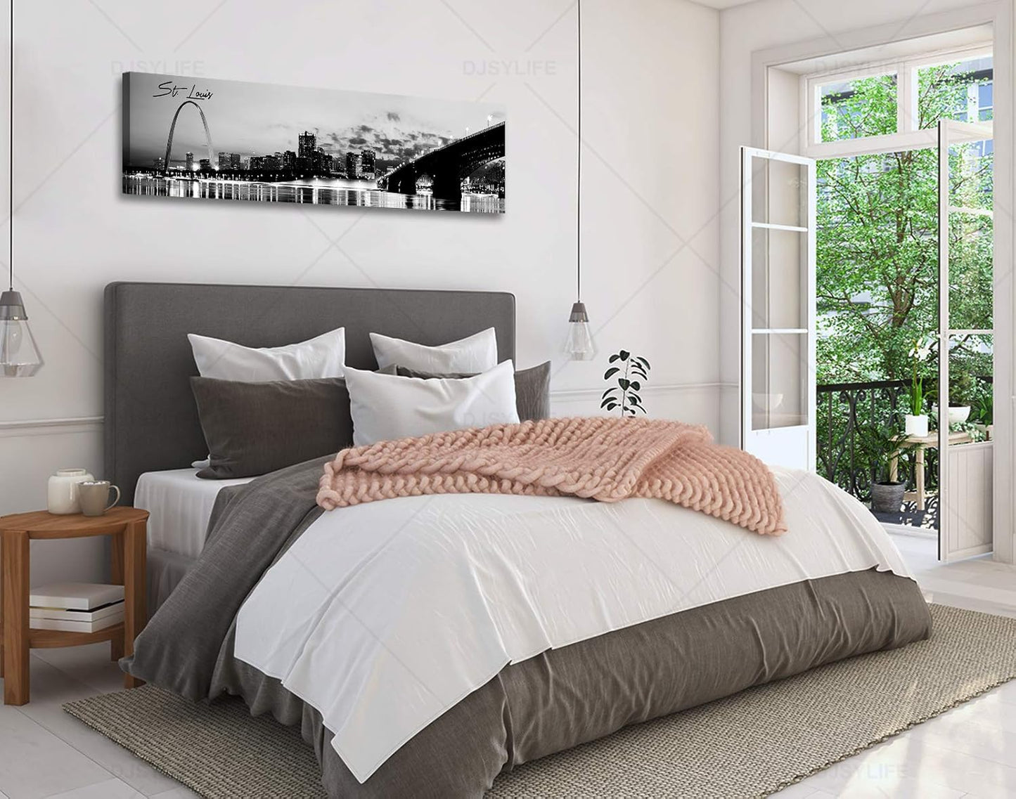 DJSYLIFE Panoramic St. Louis Skyline Wall Art Cityscape Picture Black and White Canvas Print Night View Urban Landscape Modern Artwork Office Bedroom Decor Framed and Ready to Hang 13.8"x47.3"