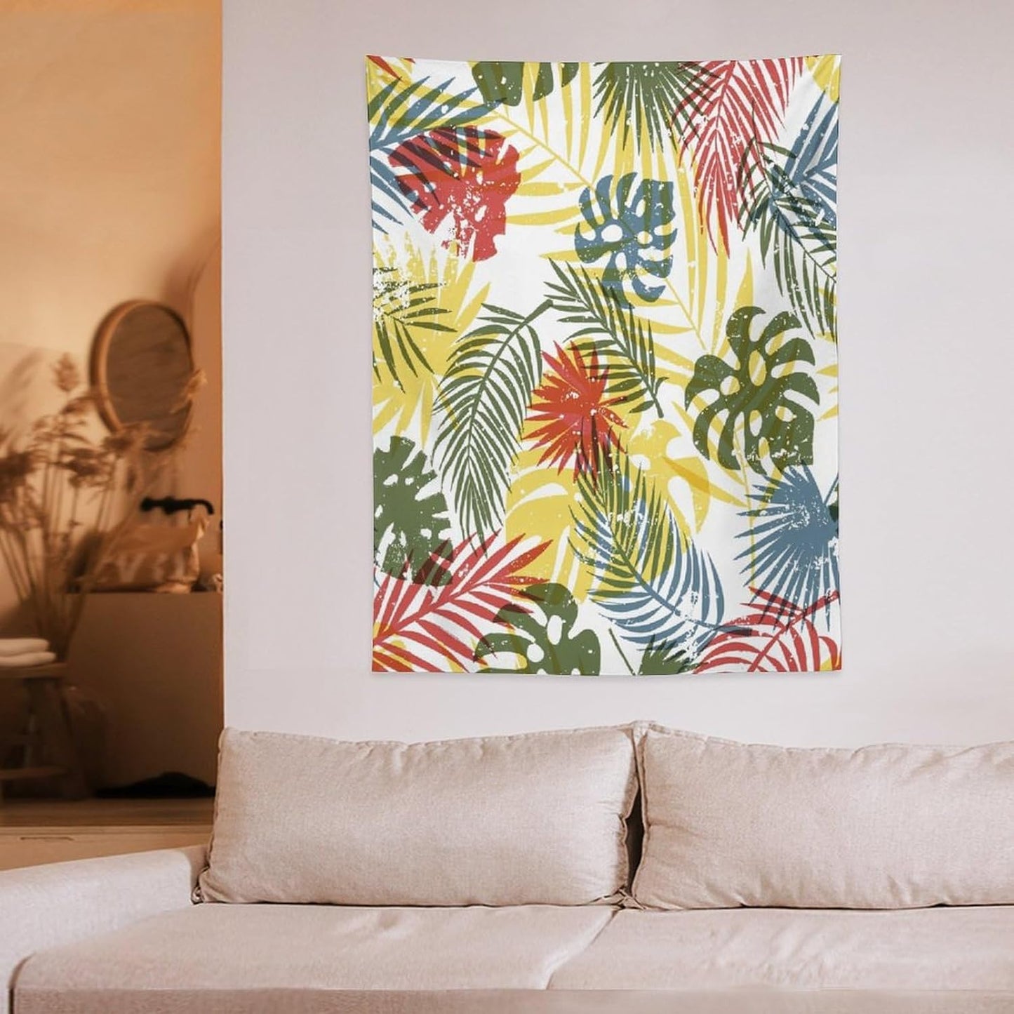ICMOLYYENLO Boho Green Leaves Tapestry, Mid Century Abstract Tropical Palm Leaves Modern Minimalist Geometric Wall Hanging, Neutral Home Decor Art for Living Room Bedroom Dorm 30x40 Inch