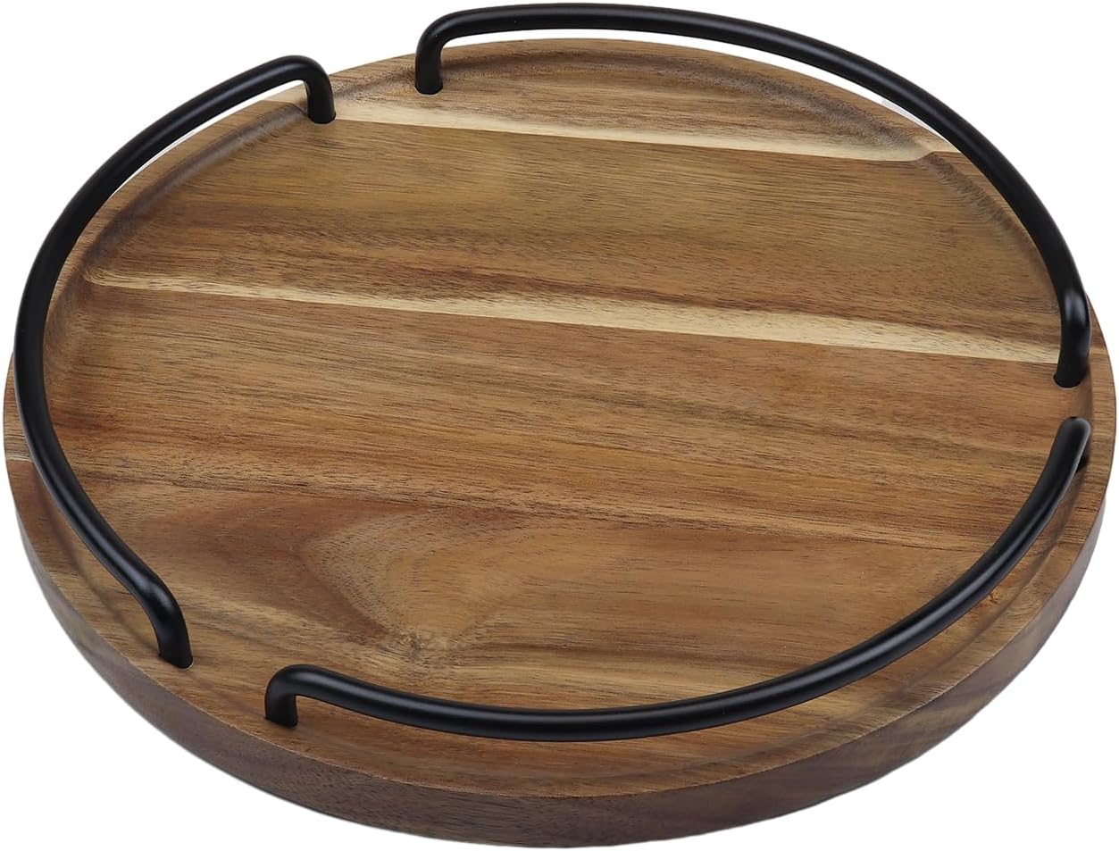 Round Wooden Serving Tray - Rustic Style Decorative Tray for Coffee Table, Living Room, Vanity - Acacia Wood Tray with Handles - Housewarming Gift - 12 Inches (Diameter)
