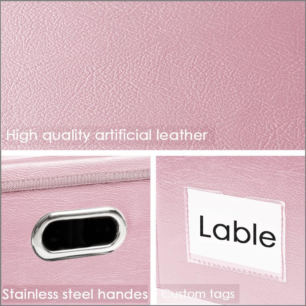 PRANDOM Collapsible Storage Bins with Lids [3-Pack] Leather Fabric Foldable Storage Boxes Organizer Containers Baskets Cube with Cover for Bedroom Closet Office Nursery Pink (14.9x10.8x10)