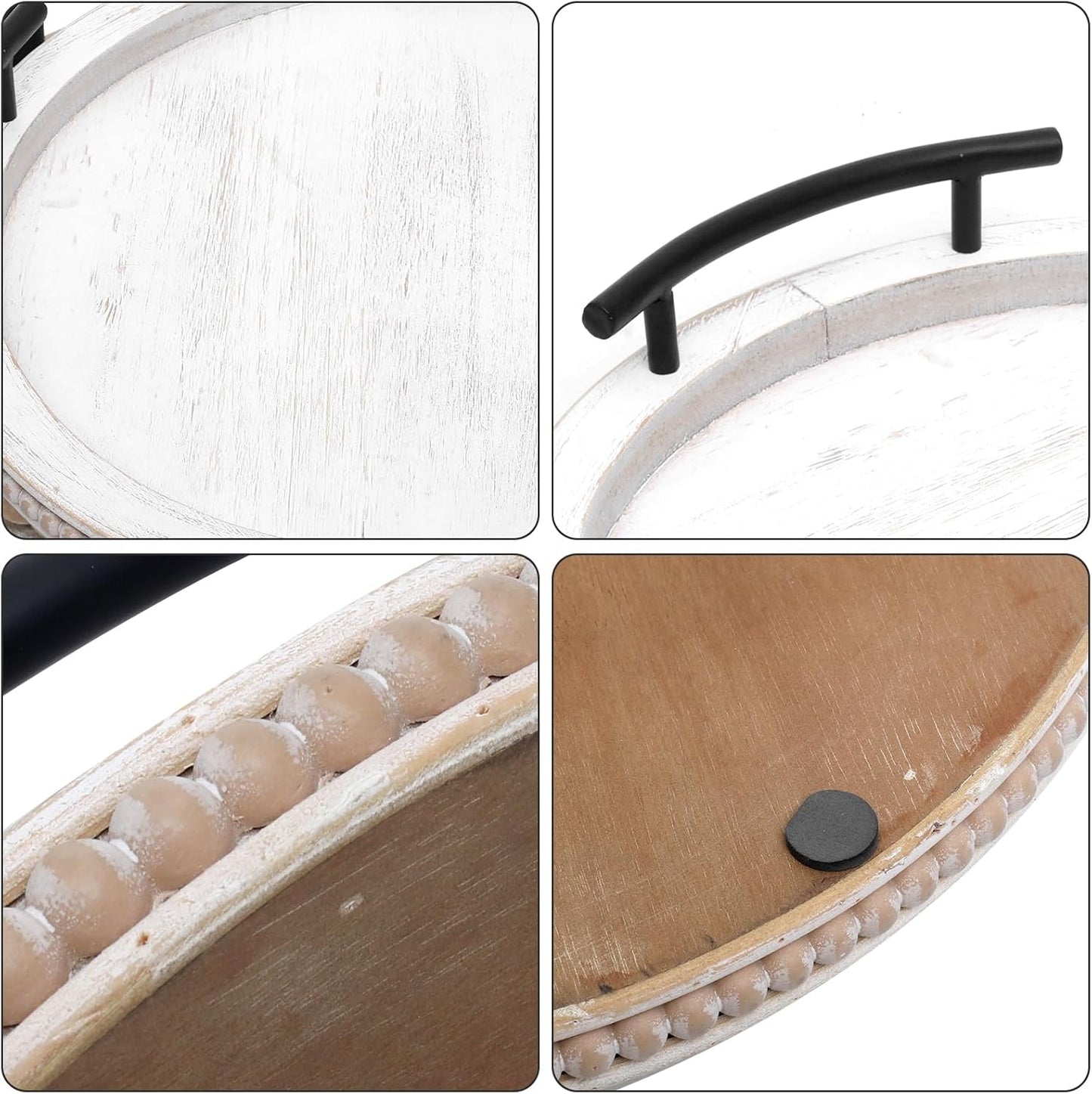 SwallowLiving White Wooden Beaded Serving Tray with Handle Decorative Rustic Whitewashed Tray for Coffee Table Farmhouse Round Tray for Kitchen, Living Room and Bedroom
