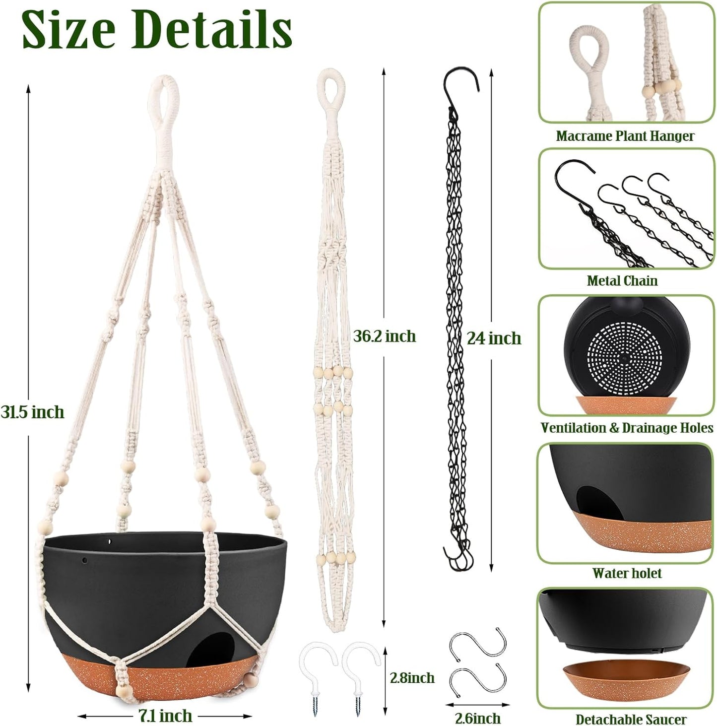 Hanging Planters for Outdoor Indoor Plants, 2 Pack 12 Inch Hanging Basket Plants Outdoor, Self Watering Hanging Planter with Plant Hanger for Garden Home Decoration (2 Type Plant Hangers Black)