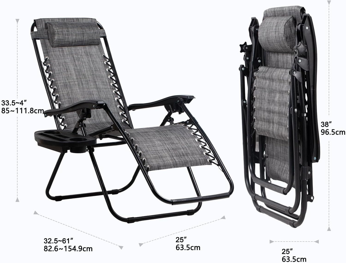 Nazhura Set of 2 Relaxing Recliners Patio Chairs Adjustable Steel Mesh Zero Gravity Lounge Chair Beach Chairs with Pillow and Cup Holder(Grey)