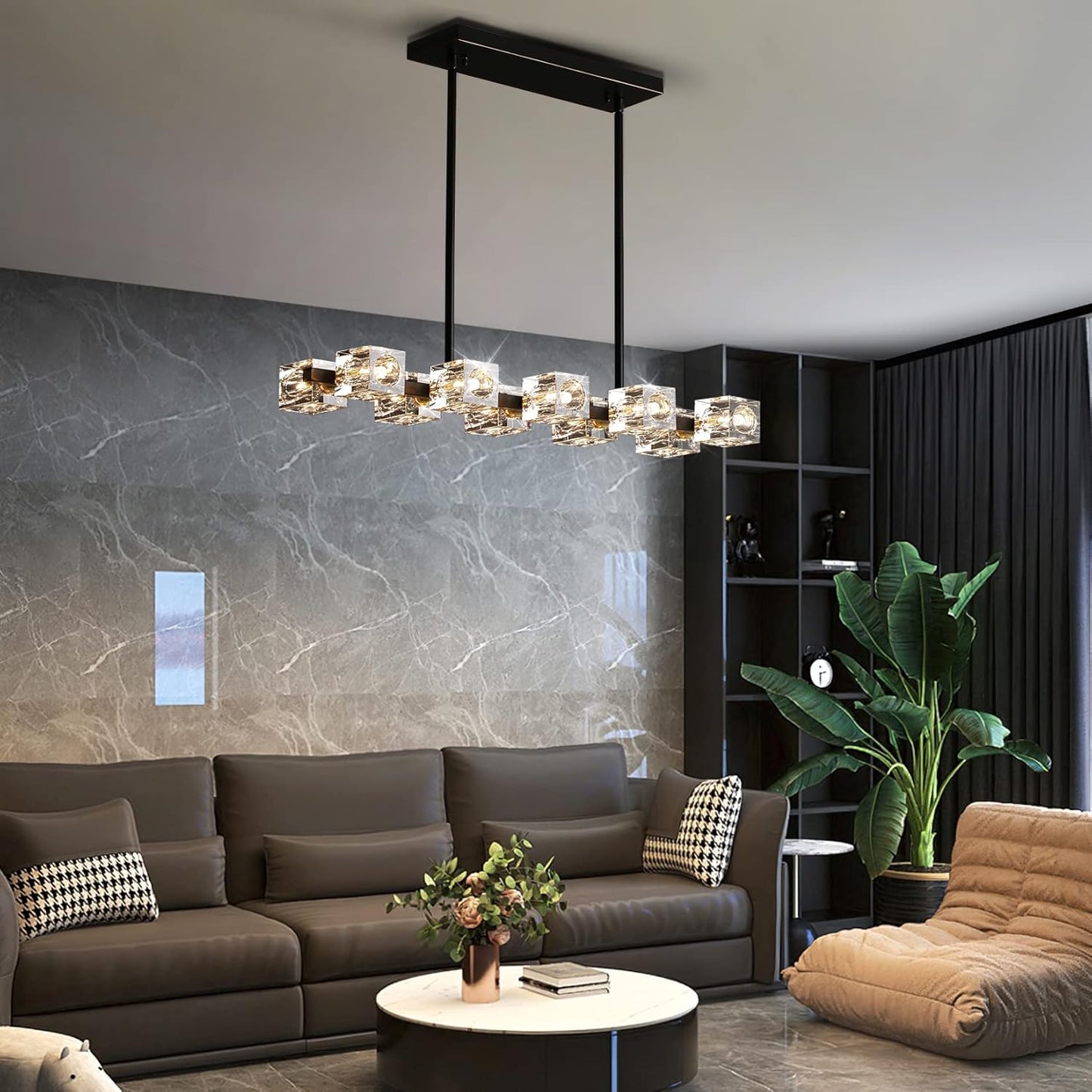 Dining Room Light Fixture,Modern Crystal Chandeleirs Semi Flush Mount Ceiling Light Fixture,Black Metal Crystal Pendant Light for Kitchen Island Farmhouse Dining Room,Living Room (10-Lights)