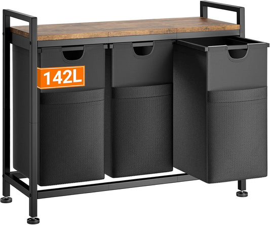 Lulive Laundry Hamper, Laundry Basket Organizer with 3 Pull-Out Removable Bags & Large Top Shelf, 3 × 12.5 Gal (142L) Freestanding Laundry Sorter 3 Sections for Laundry Room, Bathroom and Dorm