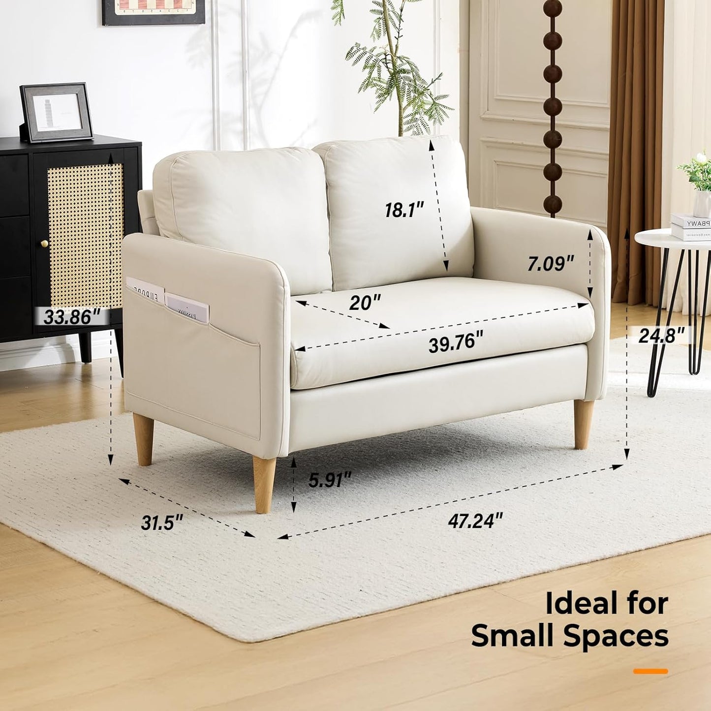 VINGLI 47" Small Couch, Beige Loveseat Mini Couch Mid Century Modern Decor Love Seat for Small Spaces Living Room, Bedroom, Play Room