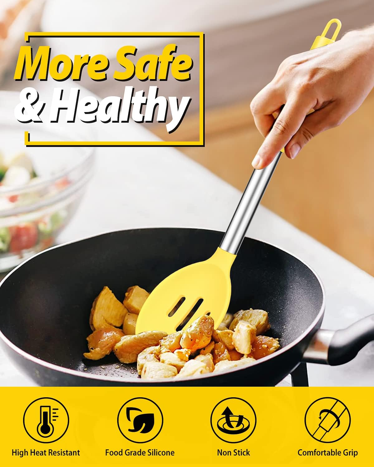 Pack of 2 Large Silicone Cooking Spoons,Non Stick Solid Basting Spoon,Heat-Resistant Kitchen Utensils for Mixing,Serving,Draining,Stirring (YELLOW)