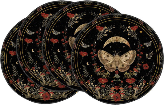Artoid Mode Black Poppy Moth Moon Round Placemats Set of 4, 14 Inch Floral Spring Round Table Mats for Party Kitchen Dining Decoration