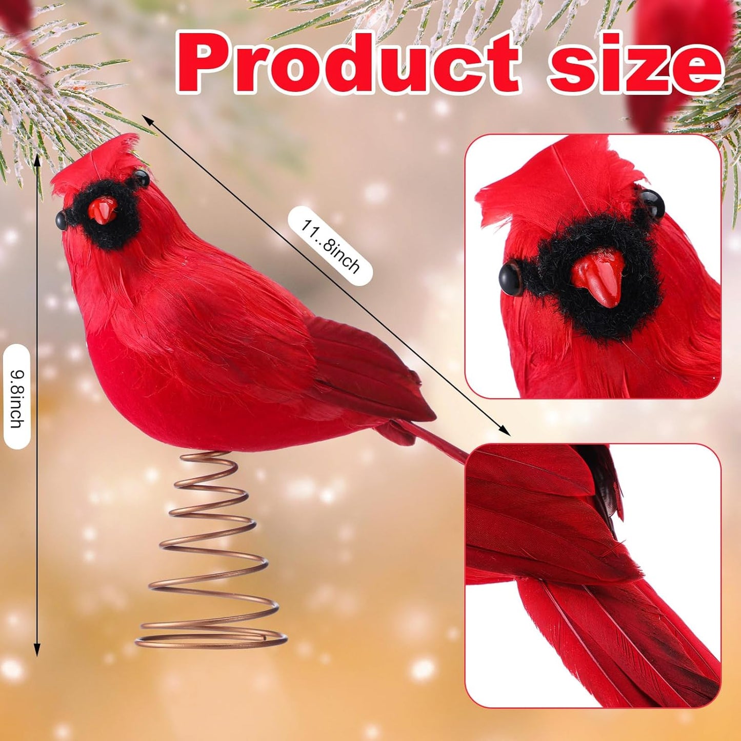 Retisee 11.8'' Cardinal Christmas Tree Topper Red Cardinal Christmas Tree Decoration Red Bird Christmas Tree Ornaments Artificial Feather Flocked Christmas Ornaments for Christmas Wedding Party Decor