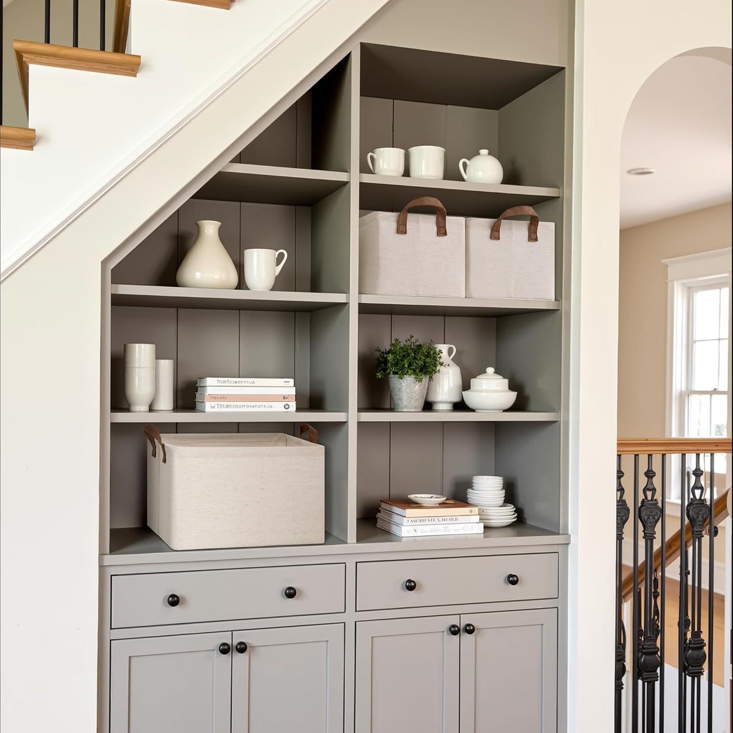 StorageWorks Storage Bins, Shelves Baskets for Organizing, Large Fabric Closet Organizers with Handles, Metal Frame, Beige（Cotton-linen）, 2-Pack