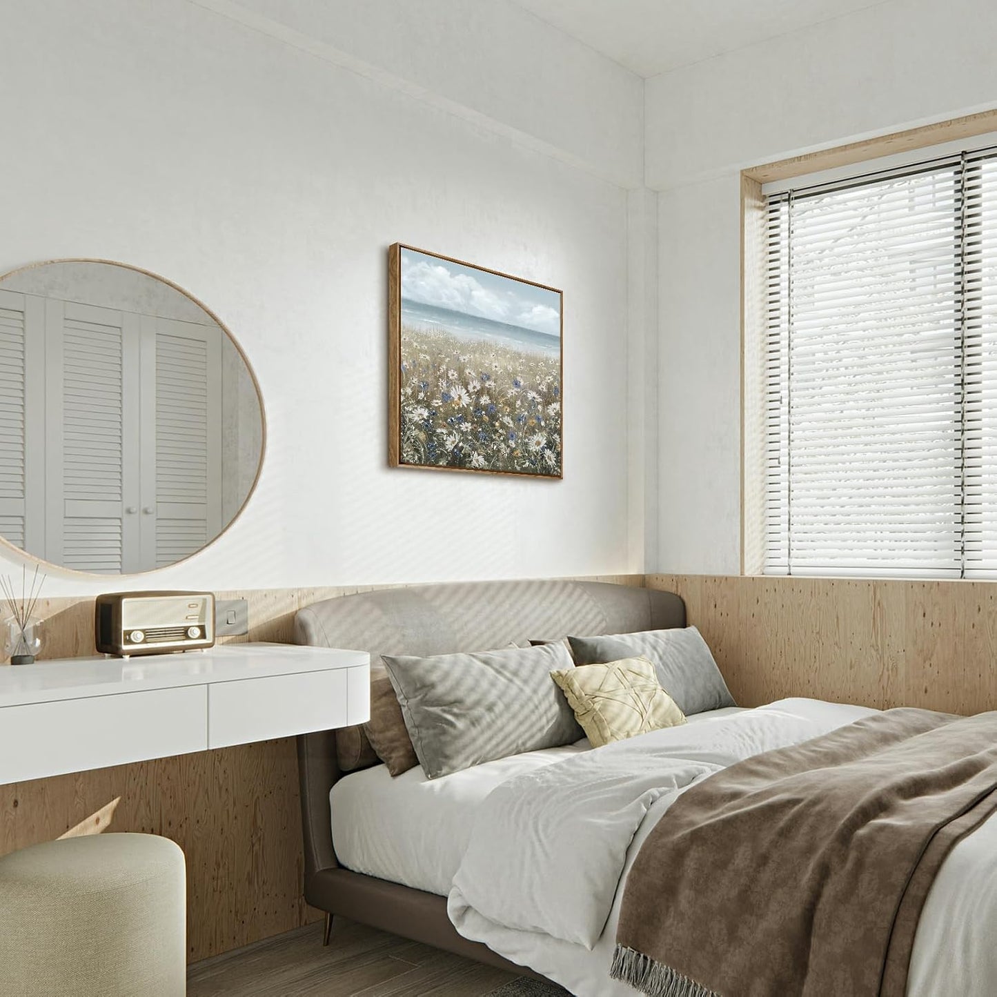 Framed Wall Art for Bedroom Decor Farmhouse Boho Beach Coastal Vintage Floral Ocean Wall Picture Daisy Flowers Sea Canvas Print Nautical Neutral Seascape Artwork for Home Living Room Bedroom Office