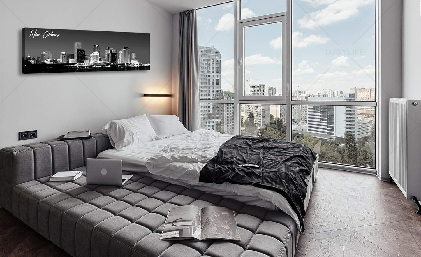 DJSYLIFE New Orlean Canvas Wall Art Decor City Skyline Pictures Poster Artwork Black and White Panorama Cityscape Painting for Bedroom Office Living Room Decoration Ready to Hang 13.8"X47.3"