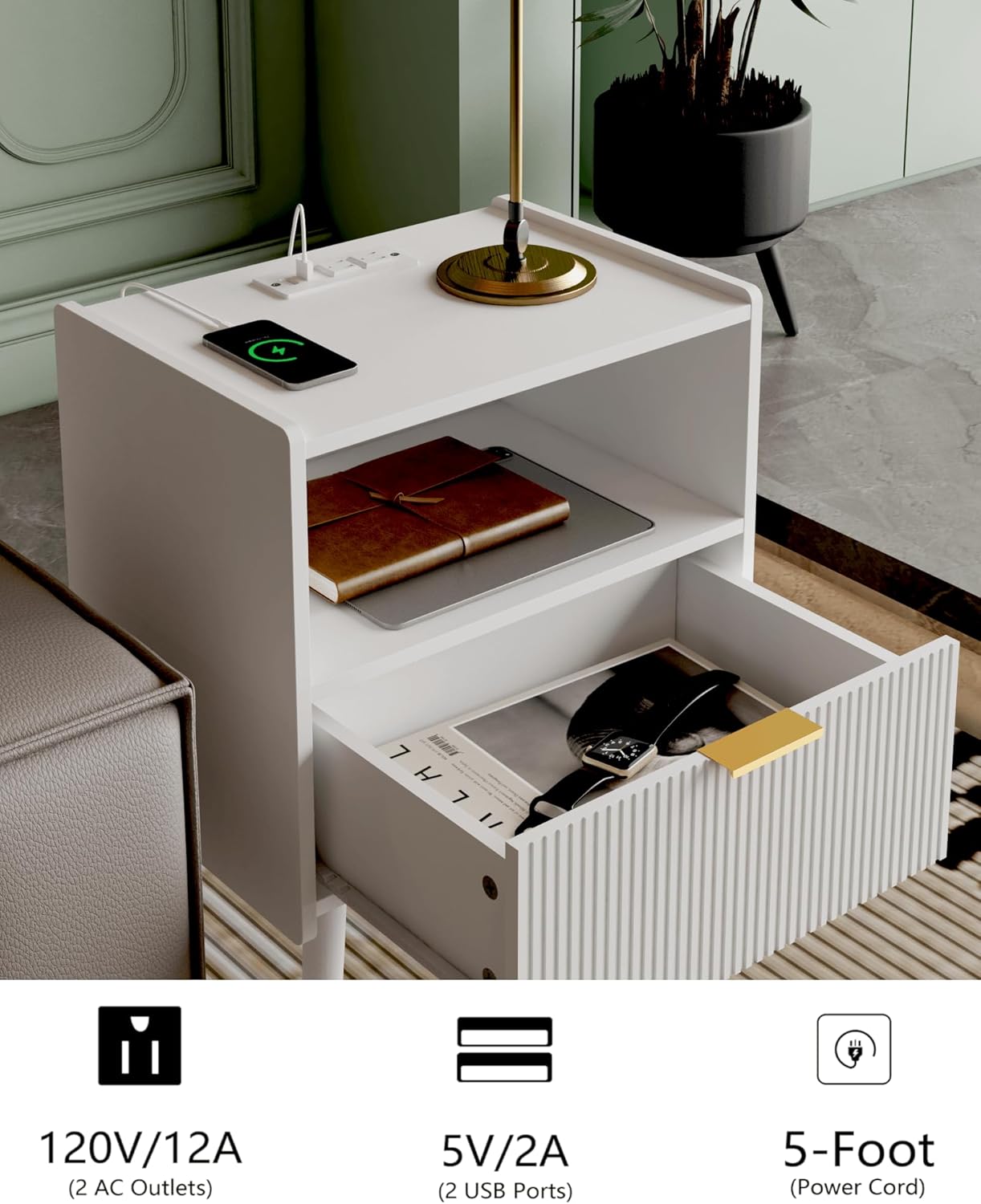 Nightstand,Modern Bedside Table with Storage Drawer and Open Wood Shelf, Accent Night Stand with Solid Wood Legs for Living Room, Bedroom and Small Spaces,Easy Assembly (White-Outlet)