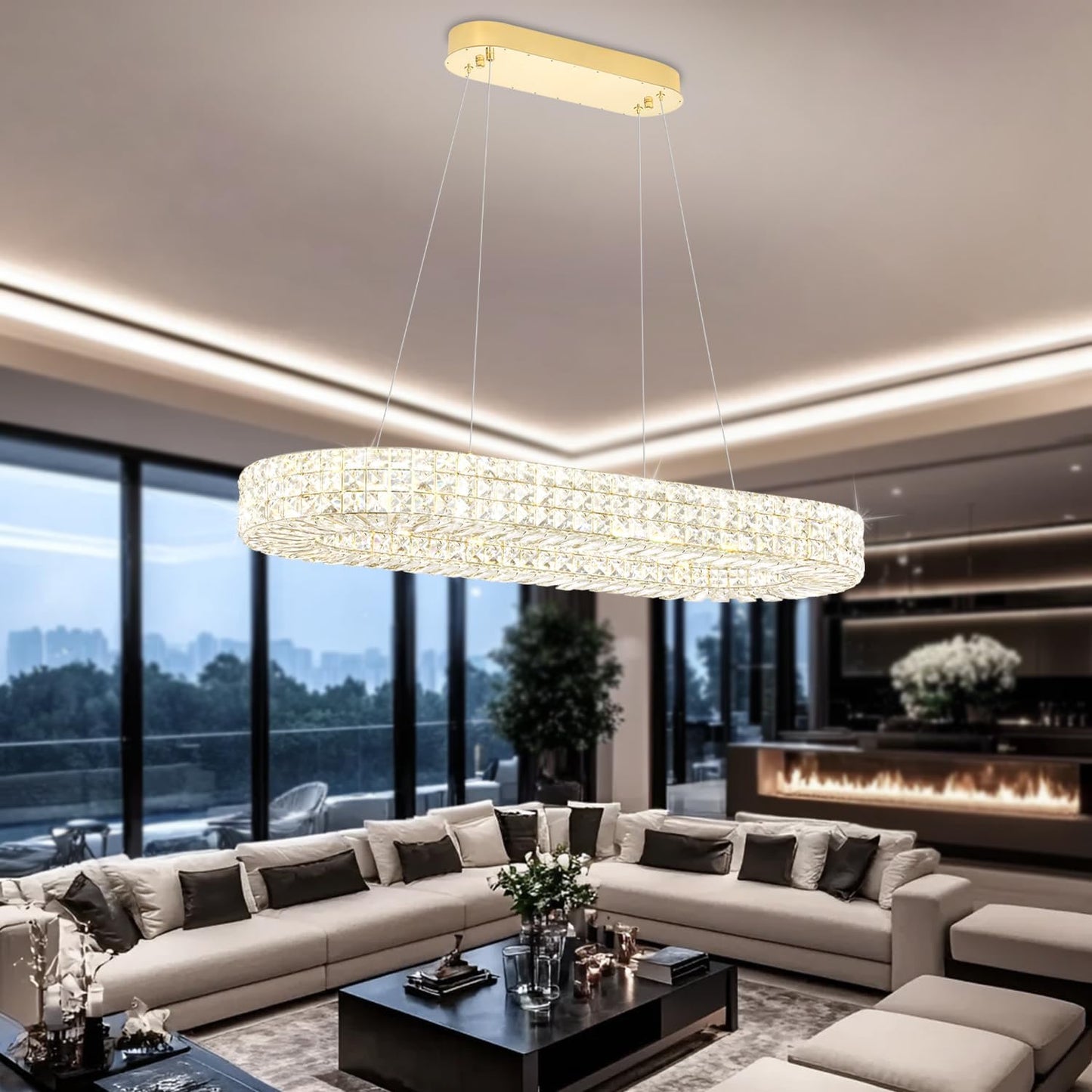 Modern Crystal Chandelier, Dia 40" Rectangular Chandelier for Dining Room,Gold Rectangle Crystal Ceiling Light Luxury Oval Chandeliers for Living Room Kitchen Island