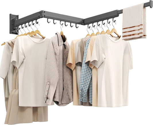 Wall Mounted Clothes Drying Rack,Laundry Drying Rack Wall Mount,Clothes Hanger,Drying Rack Clothing,Retractable Laundry Rack for Hanging Clothes,Collapsible,Foldable,Grey-Hooks