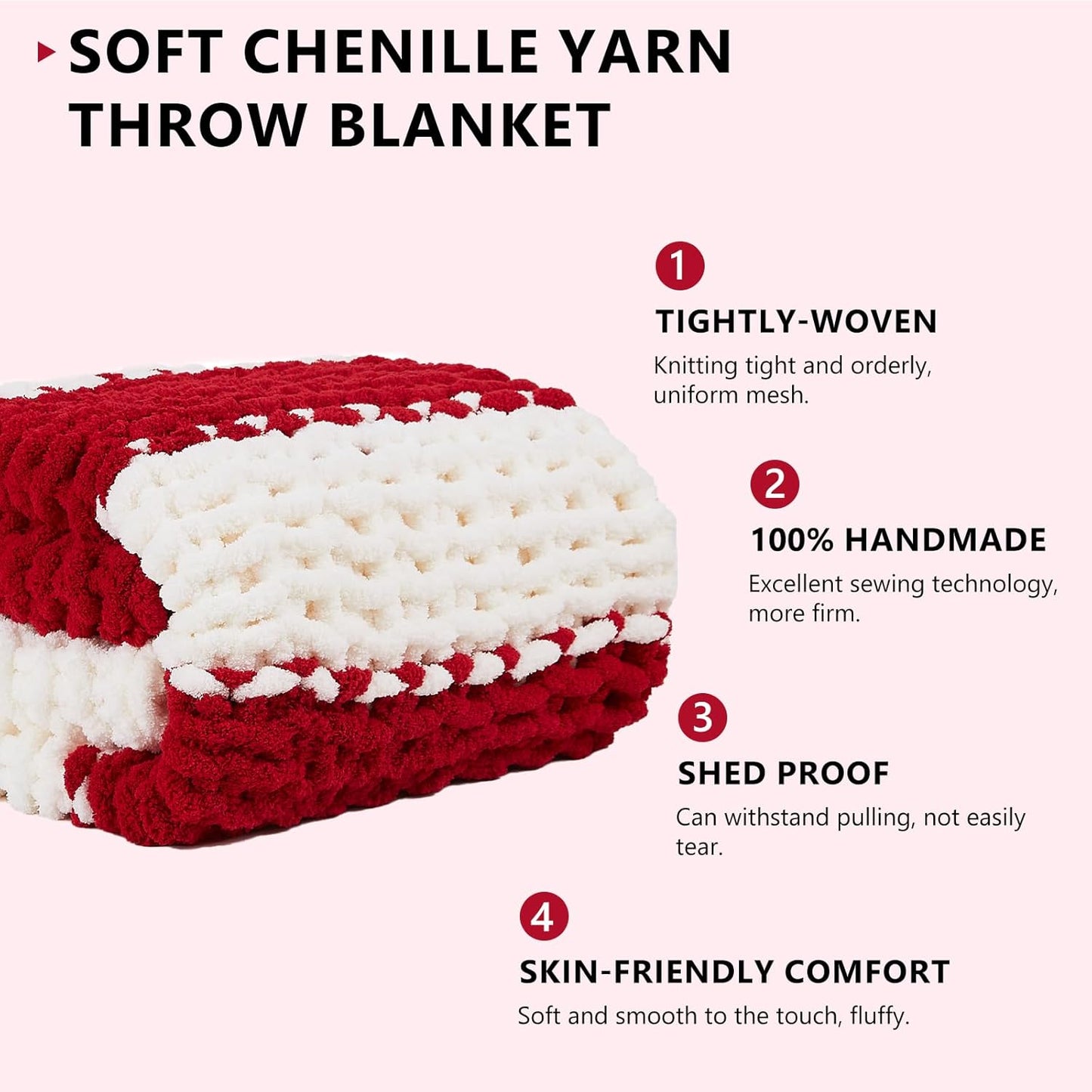 L'AGRATY Chunky Knit Blanket Throw - Soft Chunky Throw Blanket 60x80: 100% Hand Kintted Chenile Crochet Throw Blanket for Couch - Large Cable Knit Chunky Blanket for Home Decor(Red and White)
