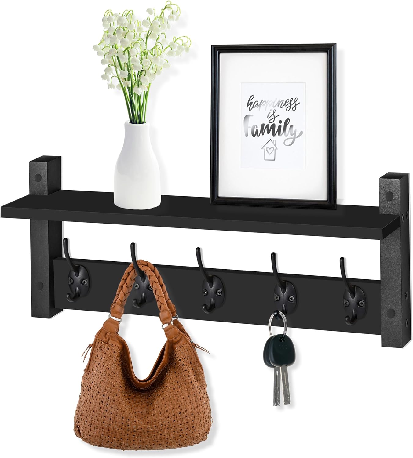 Sorbus Coat Hooks Wall Mount with Shelf – 24 Inch Coat Rack Wall Mount with 5 Heavy Duty Hooks – Floating Wall Shelf with Hooks for Entryway, Bathroom, Bedroom, Kitchen, or Mudroom (Black)