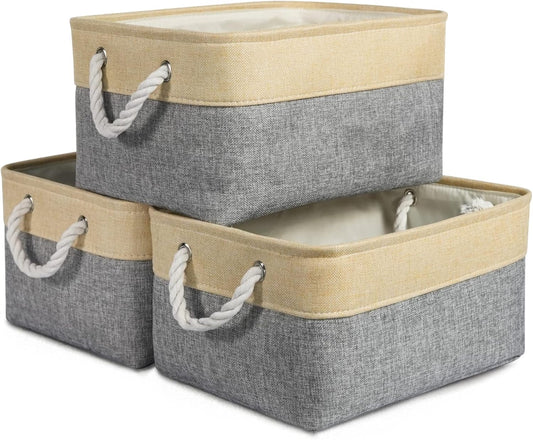 TheWarmHome Storage Bins for Organizing,Sturdy Storage Basket, Decorative Foldable Storage Baskets for Shelves Closet Toy (Gold&Grey Medium - 3 Pack 13.8L×9.8W×6.7H inch)