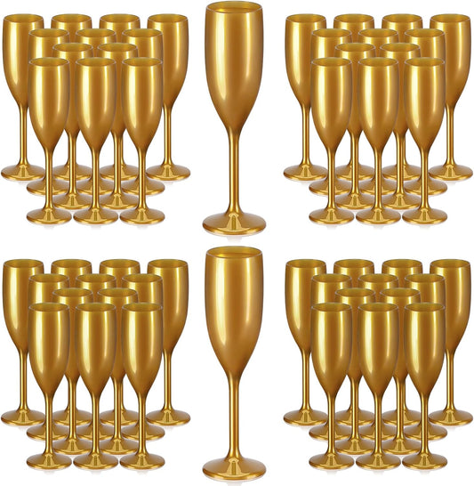 XUWAIDSGN Acrylic Champagne Flutes Toasting Glasses Unbreakable Mimosa Bar Reusable Wine Glasses Vintage Champagne Flutes Stemmed Drinking Cups 5.4 OZ for Christmas Birthday (100, Gold)