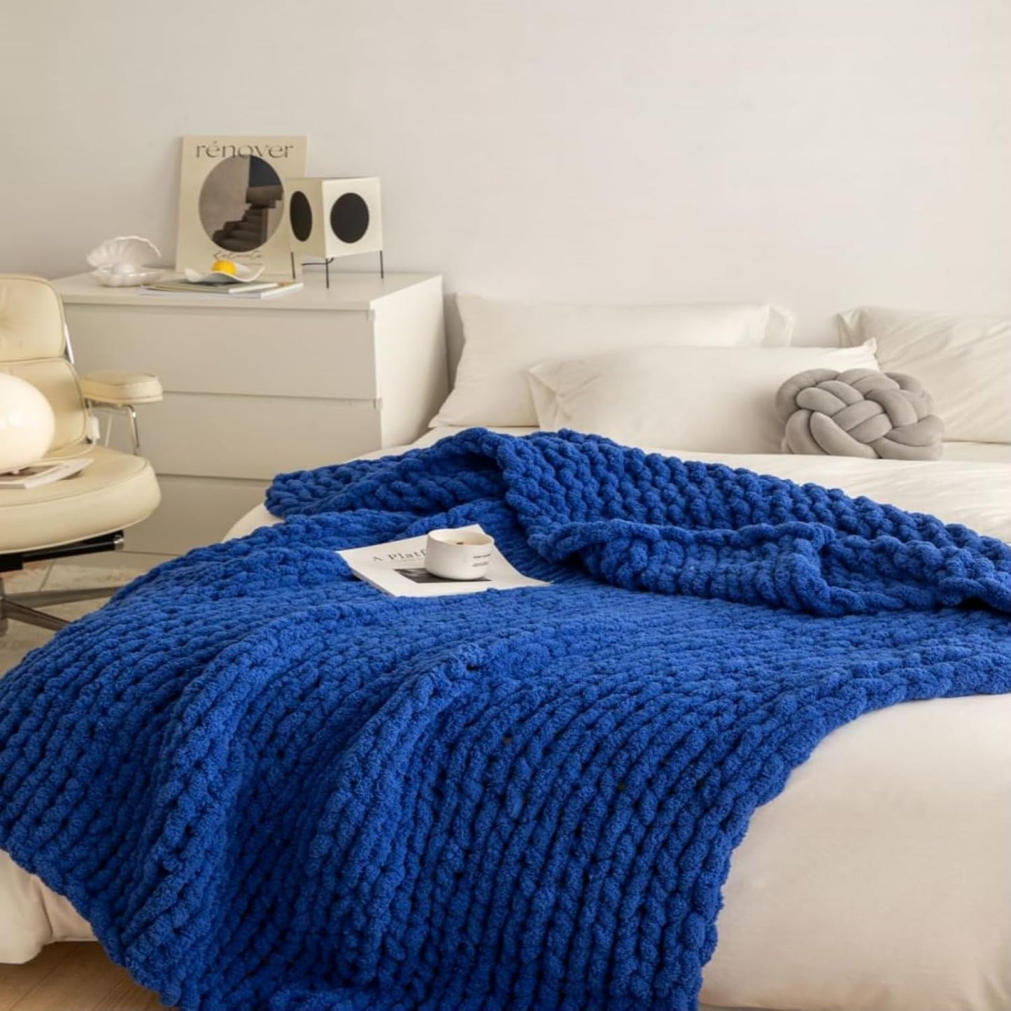 Chunky Knit Blanket Throw 40"x40", Chenille Throw Blankets, Handmade Warm & Cozy Blanket Couch Bed Home Decor, Soft Breathable Fleece Banket, Christmas for Couch Bed Sofa Best Gift (Navy Blue)