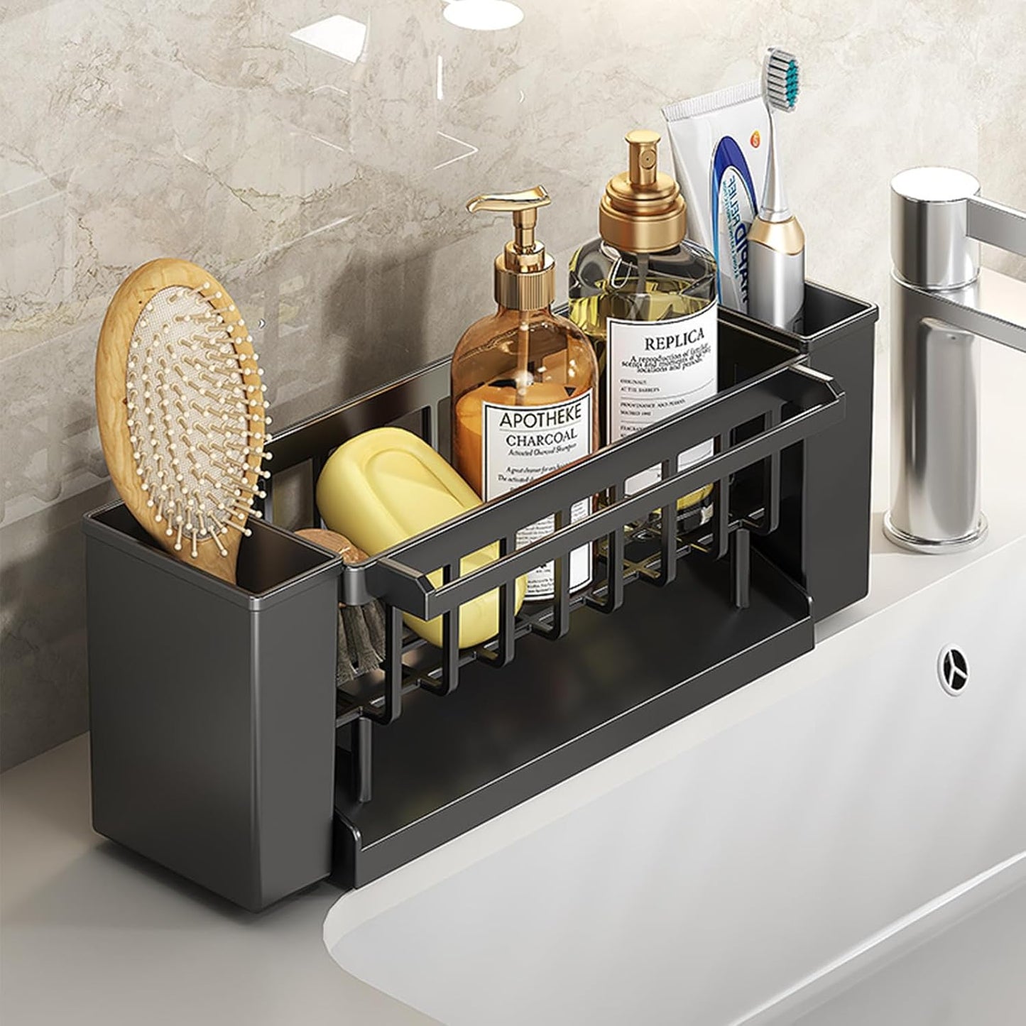 Utensil Holder, 3 Compartments Utensil Drying Rack, Dish Drainer for Kitchen Counter,Kitchen Utensils Holder with Towel Bar,Self-Draining Tray Design(Black)