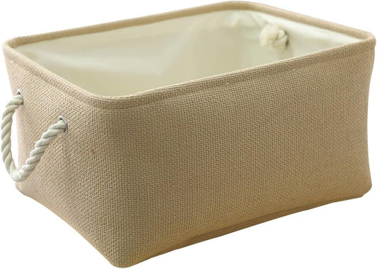 TheWarmHome Decorative Basket Rectangular Small Storage Basket Fabric Storage Bin Organizer Basket with Handles for Clothes Storage (Beige, 11.8L×7.9W×5.2H inch)