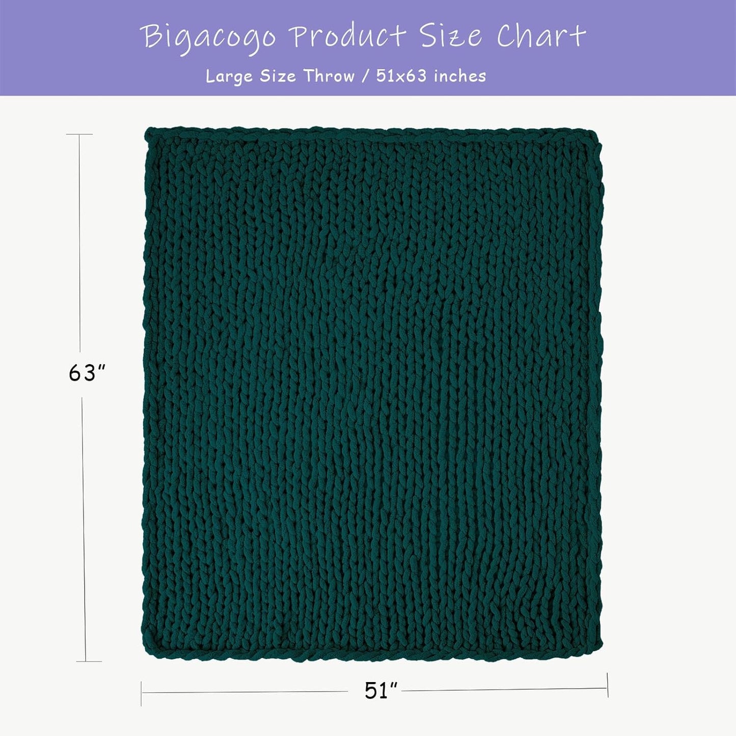 Bigacogo Chunky Knit Throw Blanket for Couch, 51x63 inches, 100% Hand Knitted with Thick Jumbo Chenille Yarn, Cozy Soft Large Rope Knot Cable Crochet Blankets for Sofa Bed Living Room, Dark Green