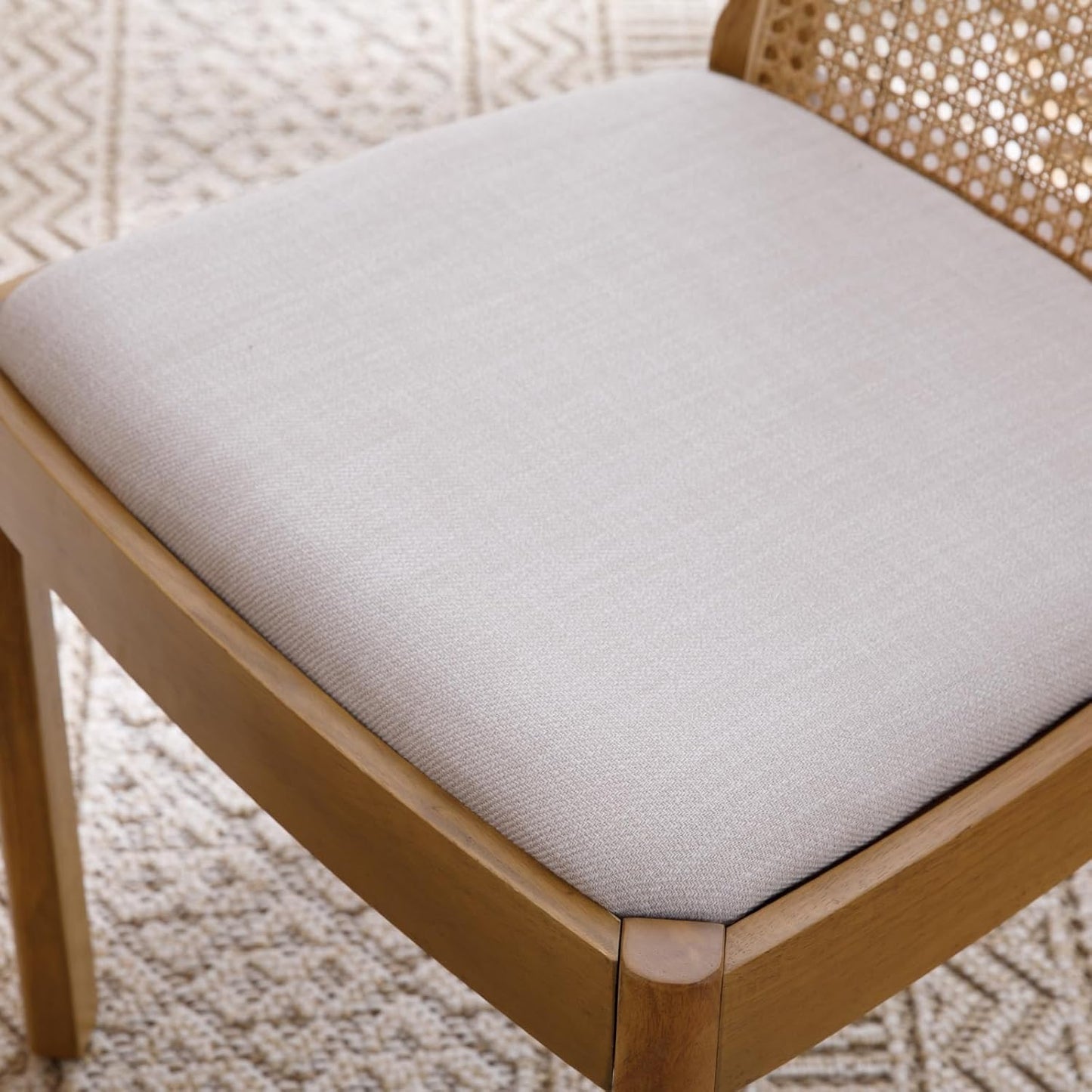 Mid Century Dining Chairs Set of 4, Accent Rattan Linen Fabric Side Chairs Kitchen Chair with Solid Wooden Legs for Living Room Dining Room, Beige