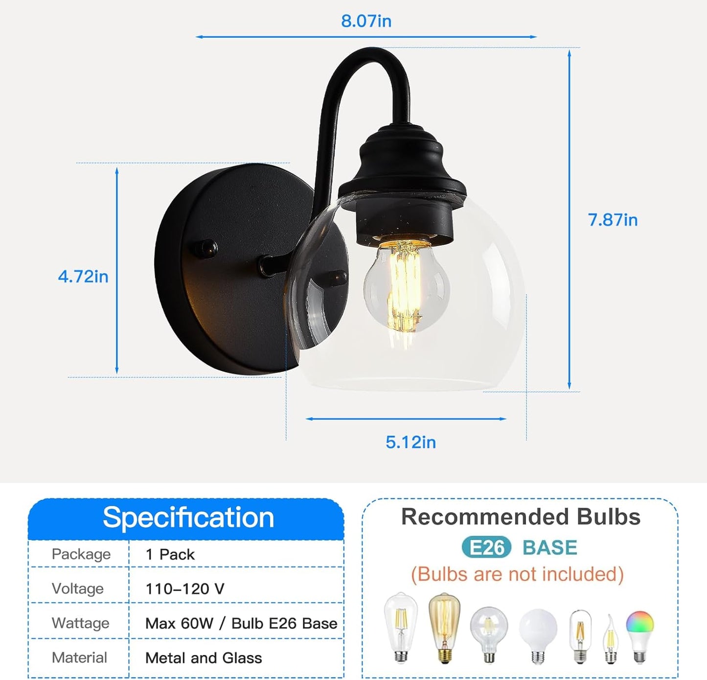 Farmhouse Gooseneck Wall Sconces Set of Two, Bathroom Vintage Black Vanity Light, Rustic Indoor Wall Light Fixtures with Clear Glass for Bathroom Beside Mirror Living Room Hallway