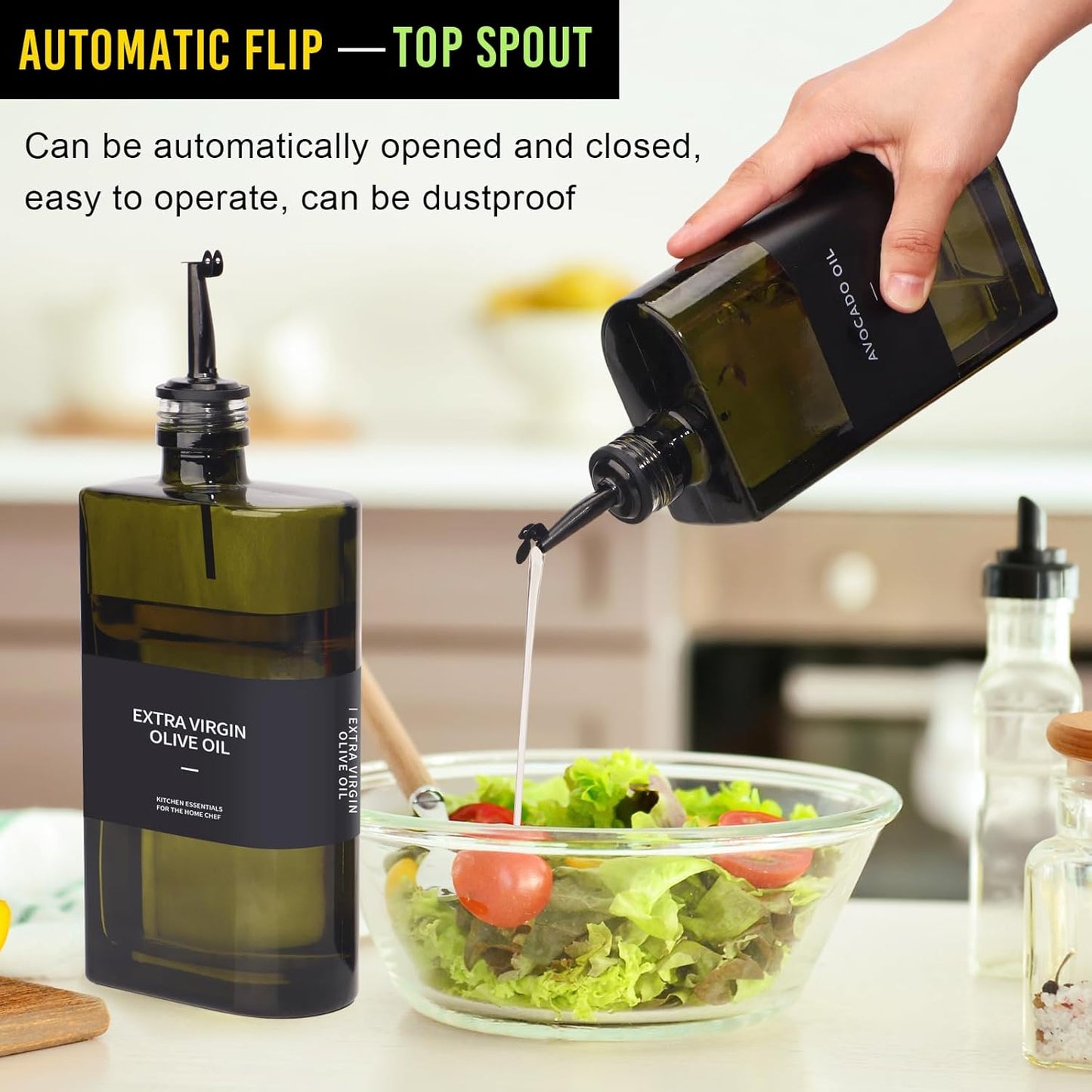 Glass Multi-Purpose Kitchen Dispenser Set | Universal for Olive Oil, Vinegar, Soy Sauce, and Syrup with Stainless Steel Pourers,2-Pack Dark Green,Avoid Sunlight