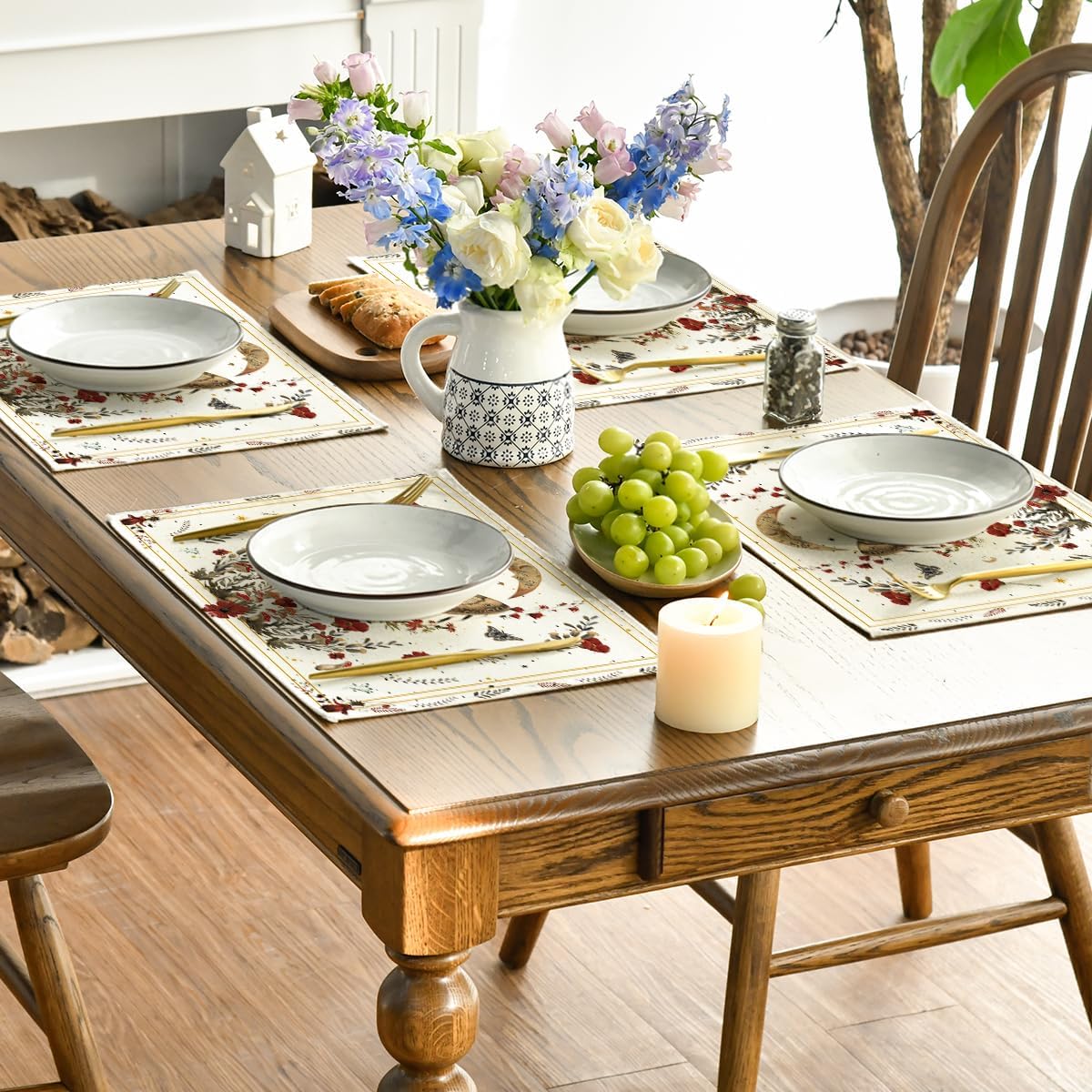 Artoid Mode Beige Poppy Moth Moon Placemats Set of 4, 12x18 Inch Floral Spring Table Mats for Outdoor Home Party Kitchen Dining Decor