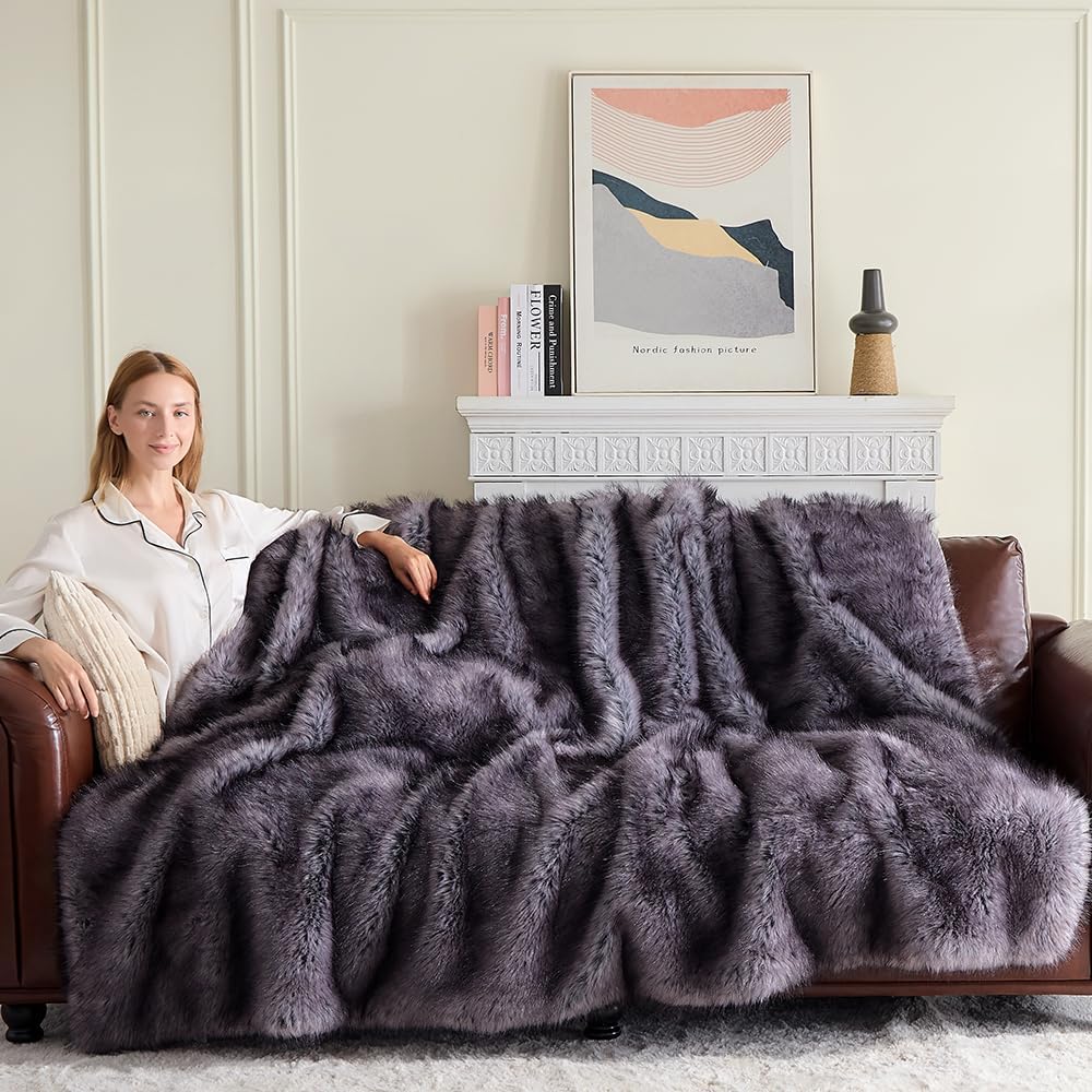 Fluffy Faux Fur Throw Blanket – Super Soft Warm Thick Plush Blanket for Bed, Couch & Office, Cozy Fuzzy Throw with Flannel Backing,50"x60", Grey