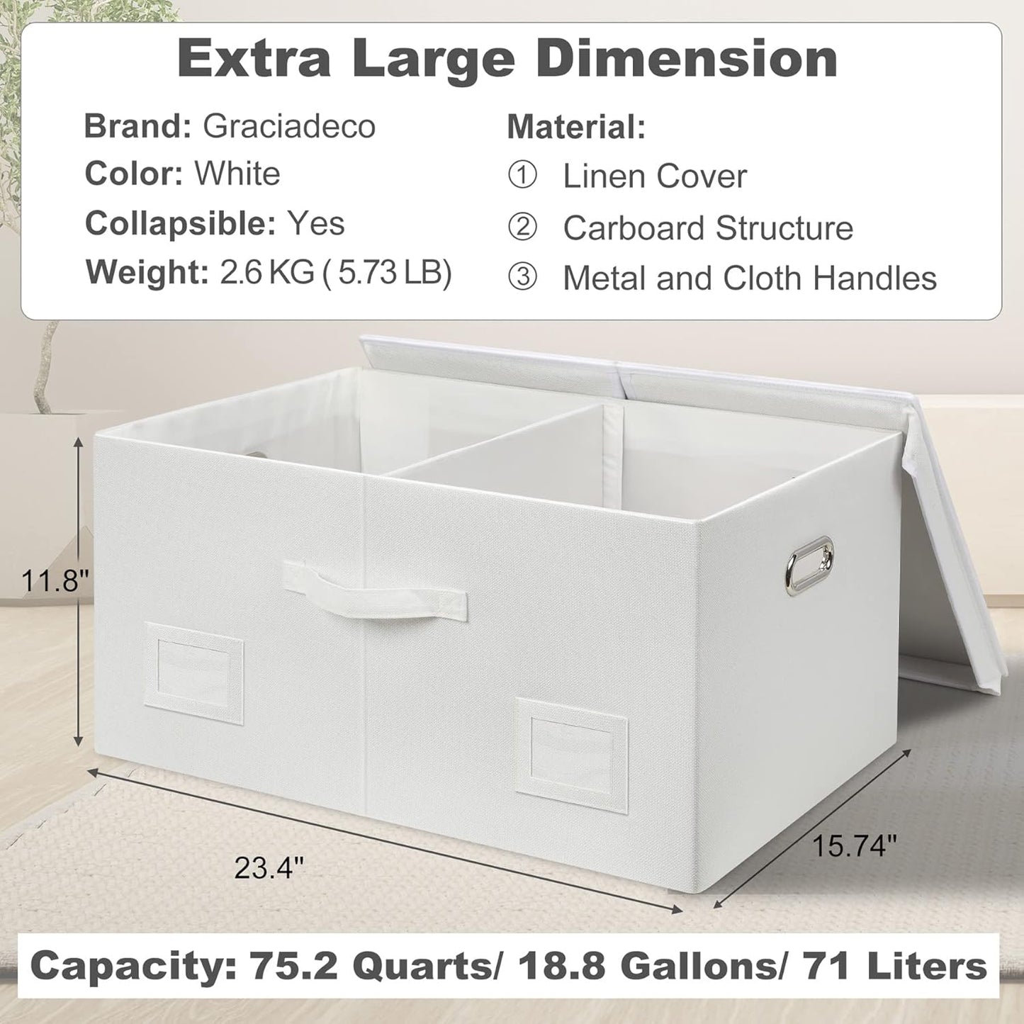 75 Quarts Extra Large Decorative Storage Bins with Lids, 1 Pack White Collapsible Storage Bins with Lids, Stackable Storage Bins Decorative Box Storage With Lid Extra Large